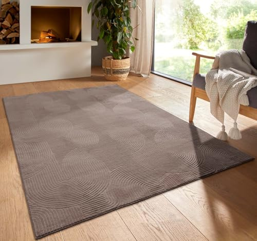 Taracarpet Kurzflor Boho Skandi Polyester Teppich in 3D Optik waschbar, pflegeleicht und robust ideal fürs Wohnzimmer, Schlafzimmer und Kinderzimmer auch als Badematte Taupe Wellen 160x230 cm