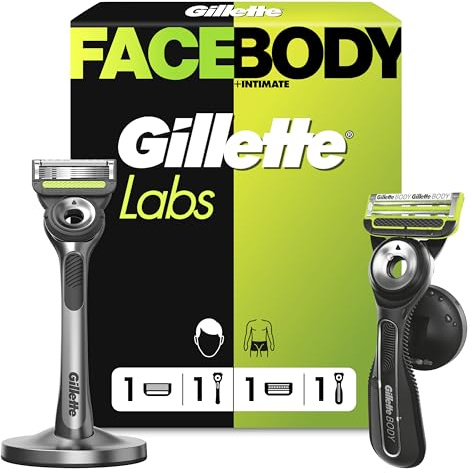 Gillette Labs Body + Intimate Kit Rasage Homme, 2 Rasoirs, Noir – Coffret Barbe et Pubis, 1 Exfoliant Visage, 1 Dédié au Corps et à la Zone Intime, Manches Réutilisables, Lames de Rechange