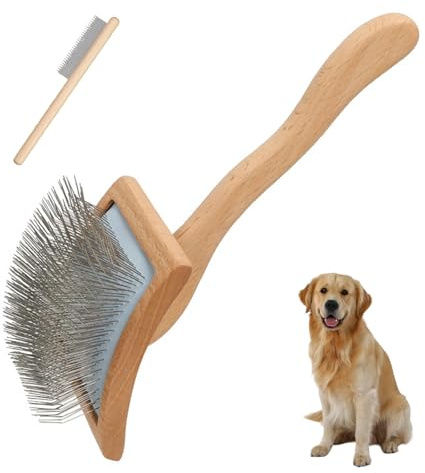 VELAJA Cepillo Perro Pelo Largo con Mango de Madera Curvo, Cepillo y Peine para Quitar Nudos y Subpelo, Para Perros y Gatos de Pelo Medio/Largo como Golden Retriever, Pastor Alemán, Persa