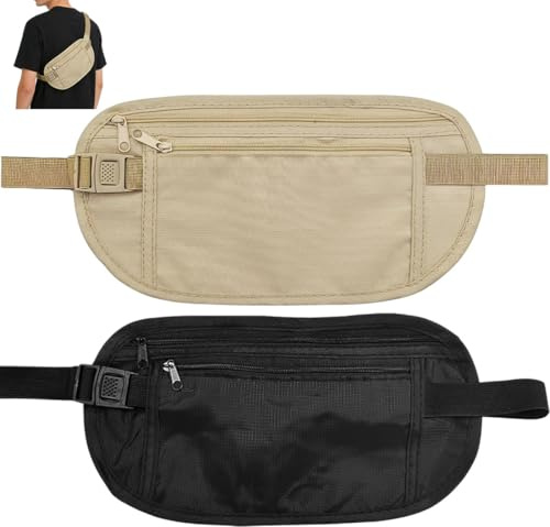 VBSJAH Cinturones de Dinero Ocultos, Lote de 2 Riñoneras Antirrobo de 24x14 cm, Cinturón Oculto Ligero para Viaje y Deporte, Negro y Caqui