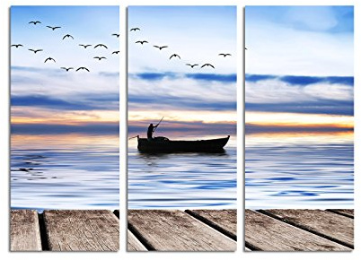 Paul Sinus Art 130x90cm – Keilrahmenbild einsamer Fischer Boot Meer 3teiliges Wandbild auf Leinwand und Keilrahmen - Fotobild Kunstdruck Artprint