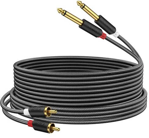 J&D Câble Audio 6,35 mm (1/4 Pouce) TS Mâle vers RCA, Connecteurs Plaqués Or, Câble Stéréo d'Interconnexion Gainage Nylon pour Table de Mixage, Amplificateur et Récepteur AV, 0,9 m