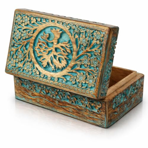 Tolles Geburtstagsgeschenk, handgefertigt, dekoratives Schmuckkästchen aus Holz, Baum des Lebens, zum Schnitzen von Schmuck, Organizer für Andenken, Schatztruhe, Schmuckhalter, 20,3 x 12,7 cm