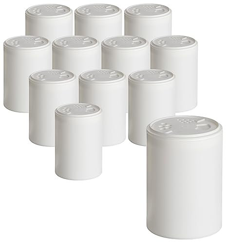 gouveo Lot de 12 pots à épices blancs 150 ml avec couvercle à saupoudrer – Boîtes à épices en plastique avec 3 tailles de litière – Éplucheur vide pour herbes, épices ou accessoires de bricolage
