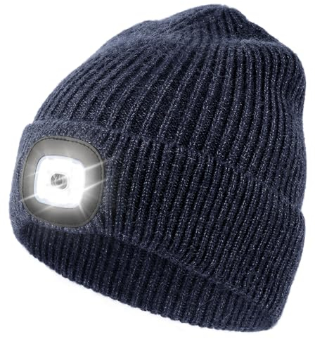 Wmcaps Mütze mit Led Licht, Strickmütze mit Licht Männer Geschenke Wiederaufladbare USB Laufmütze mit Licht Extrem Heller 4 LED Lampe Geschenke Männer Frauen (Mineralblau)