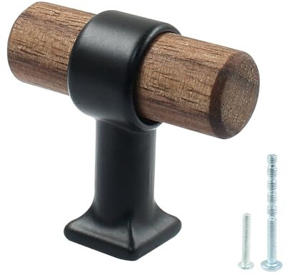 Piutouyar 4 Pack Walnut Cabinet Pulls, Single Hole Wood Drawer Handle Knobs, 40mm/1.57 T Bar Knob Pull Handles with Screws, Wooden Dresser Knobs for Kitchen, Cabinet, Drawer, Cupboard