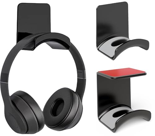 BelleVive Pack of 2 Universal Headset Holder Table - Headphone Holder Wall Mount with Strong Adhesive Tape, Headphone Holder Headset Stand for Most Gaming Headphones (Black)