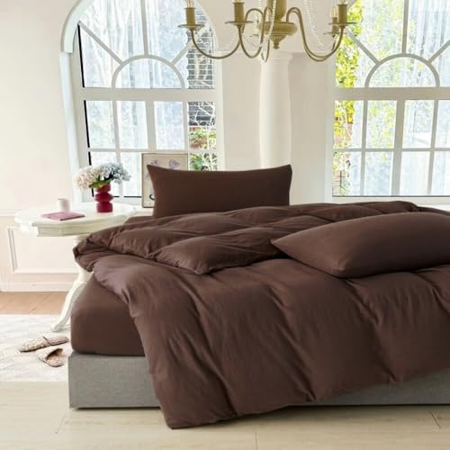 Michorinee Housse de Couette 200x200 Marron Chocolat Parure de Lit Adulte 2 Personnes Sommier en Microfibre Linge de lit avec 2 Taies d'oreiller 65x65 et Fermeture Éclair