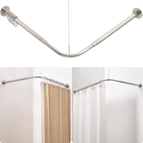 Crkmire Bastone Tenda Doccia Angolare a L, Regolabile [62-121cm] x [62-121cm], con 12 Ganci e Supporto Soffitto, Nickel Spazzolato