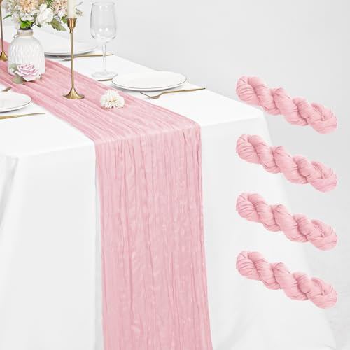 Pesonlook 4 Stück Hellrosa Käsetuch Tischläufer 55 x 300 cm, 3 m lang | Rustikaler Gaze Stoff Tischläufer Hochzeitstuch Boho-Stil halbtransparent Tischläufer für Hochzeiten, Bankett, Party