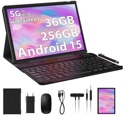 PIXPEAK Tablette 10 Pouces Android 15 avec 5G WiFi 6, 36GB RAM+256 GB ROM(1TB Extensible), 1080P Widevine L1, Octa Core, 8000mAh, 5MP+8MP, FHD, WLAN, Bluetooth, GPS, Tablette avec Clavier ect (Gris)