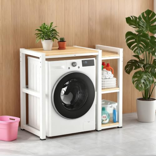 Armario Lavadora Y Secadora – Estantería Superior 3 Niveles Ajustables, Estructura Acero 4cm Reforzado, Mueble Vertical para Lavadora De Tambor y Cuarto De Lavado(White)