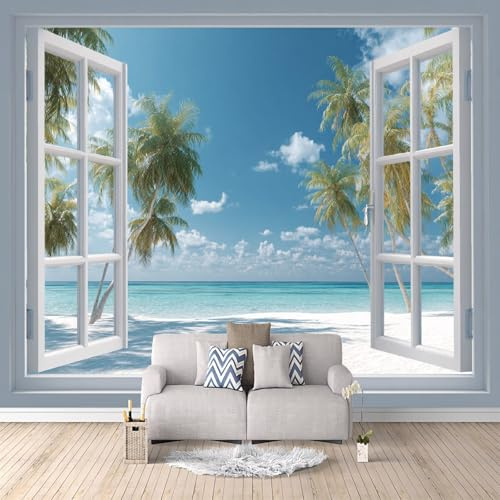Fototapete 3d Fenster 150x105 cm Foto Tapete Vlies Wandtapete, Modern 3D Effekt Motivtapeten Meerblick,für Wohnzimmer Schlafzimmer, Kinderzimmer.