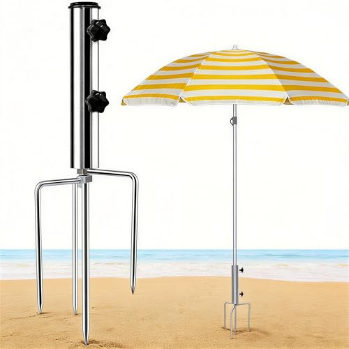 Warmfay Erdspieß Sonnenschirm mit 4 Heringen, Verstellbarer & Abnehmbarer Rasendorn Sonnenschirmständer für Schirmstöcke bis 22-34mm, Rostschutz Metall Sonnenschirmhalter für Garten, Strand & Angeln