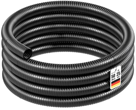 Wiltec Flexibel dammslang 50 m spiralslang 25 mm (1) svart slang för bevattning i trädgård, användning med filter eller pump i damm och pool