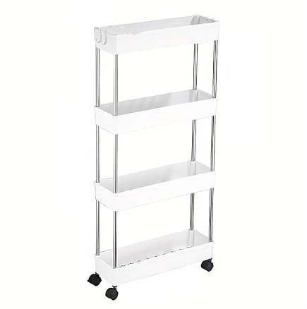 CLICLED Carrello Cucina Salvaspazio Portaoggetti a 4 Ripiani Ruote Carrellino Slim Bagno Ufficio Bianco Nuvola Misure 12P X 86H X 40L carrellino con ruote portatutto Scaffale Mobiletto Dispensa