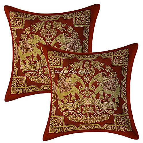 Stylo Culture Ethnico Fundas Cojines Decorativa 30x30 cm Brocado De Seda Elefante Funda Almohadon Silla Granate 12x12 Inch Jacquard Cuadrado Cremallera Fundas para Cojines Cama - 2 Pcs