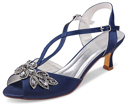 Emily Bridal 1031-9 Women's Wedding Shoes Open Toe T-Strap 2.17 Inches Spool Heel Satin Sandals with Rhinestone Buckle Bridal Shoes (Dark Blue, EU41/UK7.5)