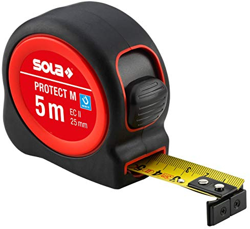 SOLA PROTECT M - Bandmaß magnetisch 5m / 25mm - robustes Rollbandmaß mit Gürtelclip - Stahlband, gelb mit mm Skala - Genauigkeitsklasse II - Rollmeter mit beweglichem Endhaken - Länge 5m/25mm