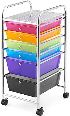 GIANTEX Rollwagen mit 6 stapelbaren Schubladen, Schubladenwagen Badrollwagen Küchenwagen mit feststellbaren Rollen, Aufbewahrungswagen Haushaltswagen Metallgestell für Küche Büro (Transparent Bunt)