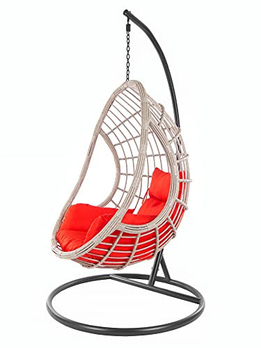 Kideo® Komplettset: XXL Hängesessel mit Gestell & Kissen, Indoor & Outdoor, Poly-Rattan, grau-beige (Kissen: Nest rot [3050 Scarlet])