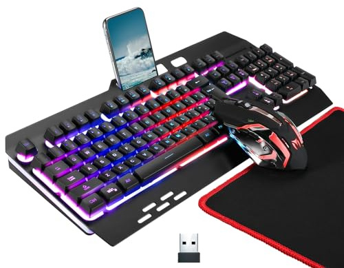Kabellose RGB-Gaming-Tastatur, kabellose LED-Maus und Mauspad-Set, wiederaufladbare Hintergrundbeleuchtung aus Aluminiumlegierung, Buchstabenglühen, mechanisches Gefühl