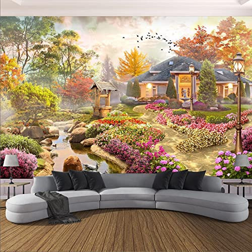 YABAOST Papier Peint Photo 3D Optique 360X250Cm Trompe L Oeil | Déco Mural Tableaux Muraux Photo Bâtiments Arbres Fleurs Mural Décor Motif Poster Géant Stickers Muraux Optique Fond Effet