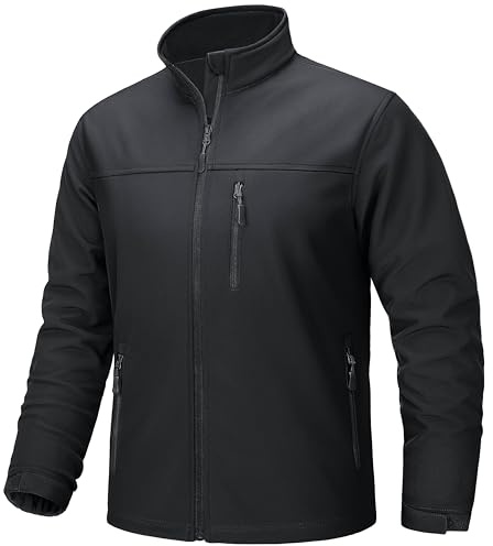 TACVASEN Mens Winter Jacket Lightweight Softshell Fleece Lined Coat Waterproof Windbreaker Rain Jacket Full Zip Tactical Outdoor Work, Black, L