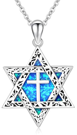 ABIGY Davidstjärna kedja, 925 sterlingsilver Davidsstjärna kedja med kors opal berlock chai-halsband hexagram davidsstjärna kedja judisk amulett smycken presenter för män kvinnor, Sterlingsilver
