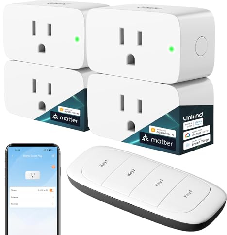 Linkind Matter Smart Plug with Remote, Work with Apple Home, Siri, Alexa, Google Home, SmartThings, Smart Outlet 15A/1800W Max, Smart Automation, Remote Control,Timer&Schedule, 2.4G Wi-Fi, 4 Pack