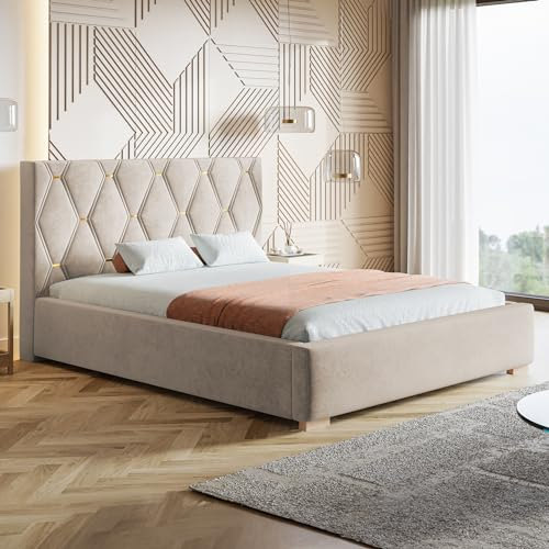 MOTIVENA Oslo Polsterbett 160x200 Beige, Polsterbett 160x200 Samt, Polsterbett 160x200 mit Bettkasten, Polsterbett 160x200 mit Stauraum, mit Lattenrost, mit Kopfteil, ohne Matratze, Beige