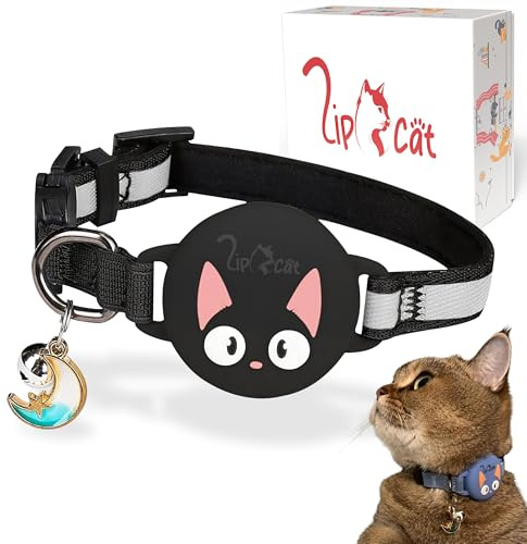 LipCat AirTag Halterung Katzenhalsband für Freigänger - reflektierend, gepolstert & sicher mit Breakaway-Verschluss und Glocke - wasserdichter Katzen Tracker - kompatibel mit Apple AirTag, Schwarz