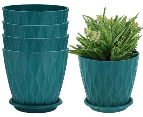 Zinaroty Paquete de 5 Macetas de Plástico, Macetas Modernas de 15cm con Agujeros de Drenaje y Platillo para Plantas de Interior y Exterior (Azul)