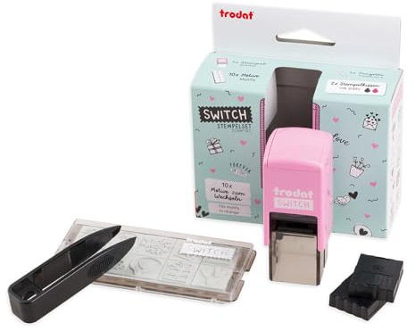 Trodat Switch Stempelset Liebesbotschaften, 10 themenbezogene Motive | Pastellrosa, inkl. 2 austauschbaren Stempelkissen in Schwarz und Pink, Abdruckgröße 20x20 mm
