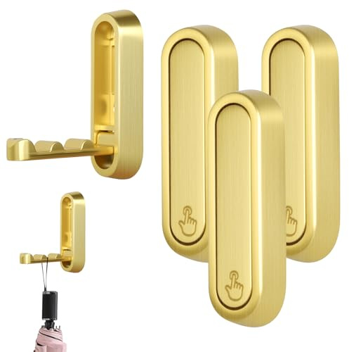 Kaluofan Foldable Wall Hook, 3 PCS Fold Down Wall Gold Hooks, Folding Gold Coat Hooks for Hanging Heavy Duty for Coats, Bags, Towels, Hats No Rust Indoor, Outdoor (with Screws and Glue)