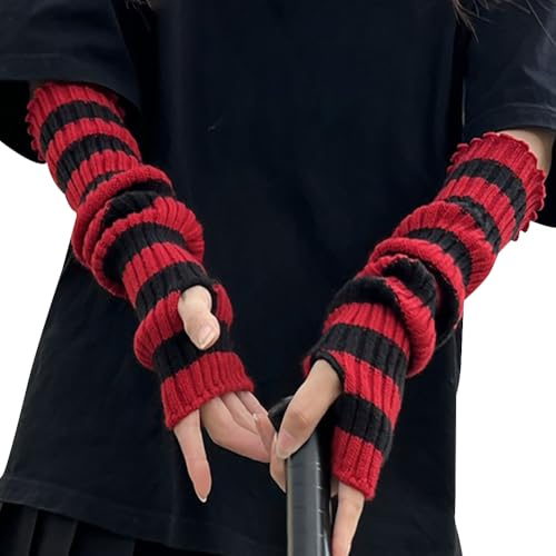 JIHUOO Gothic Striped Arm Warmers Goth Knitted Arm Sleeves Punk Winter Arm Warmers Rock Fingerless Mittens Cute Thumb Hole Gloves Cold Weather Wrist Warmers for Women Teens
