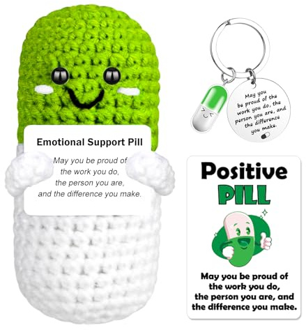 Emotion Support Crochet Pill Doll, Pharmacy Gifts for Doctors, Nurses, Pharmacists, Positive Crochet Stuff with Messages, Charm Keychain, Birthday Gifts for Her, Him, Friend, Office Decor, Green