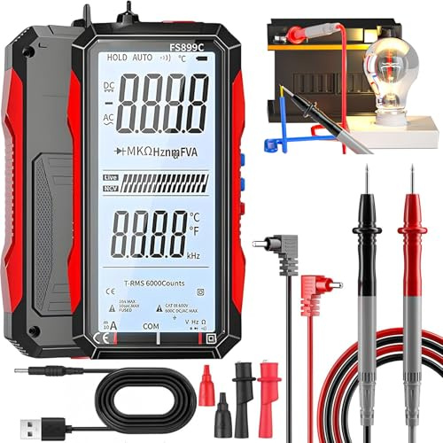 Getoverfinish Digital Multimeter, FS899L Digital Multimeter with Color Screen, Auto-Ranging TRMS 6000 Counts AC/DC Voltage Tester, NCV, Capacitance, Rechargeable Smart Tester for Car (FS899C)