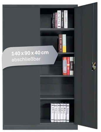 LagerZwei Mehrzweckschrank 140x90x40cm I Büroschrank mit 4 Fachböden I Aktenschrank anthrazit, abschließbar I Allzweckschrank – Möbel für Arbeitszimmer I Praktischer Metallschrank I Werkstattschrank