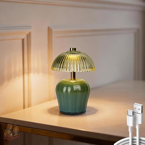 MJ PREMIER Rechargeable Table Lamp, Small Cordless Lamp with Timer, Green | Mini Glass Mushroom Lampshade, Small Table Lamps, Decorative Led Light for Bedroom Living Room Shelf