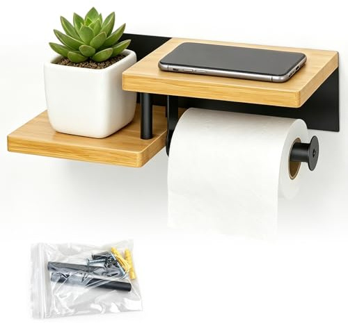 Klopapierhalter Mit Ablage, Ohne Bohren, Aus Bambus Und Stahl, WC-Rollenhalter Für Badezimmer Und Küche, Robustes Badezimmer-Zubehör, Praktische Aufbewahrung Ohne Bohren Aus Naturmaterial