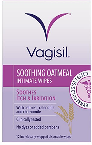 VAGISIL Soothing Oatmeal Intimate Wipes to soothe itch & irritation, Contains Tea Tree Oil, Gentle Enough For Daily Use,12 individually wrapped Wipes