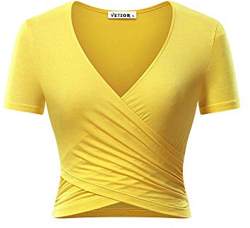 VETIOR Sexy Bodysuit, Women's Deep V Neck Short Sleeve Unique Cross Wrap Slim Fit Crop Tops (Small, Yellow)