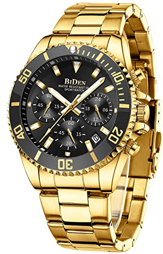 Biden Relojes para Hombre, cronógrafo, de Acero Inoxidable, Impermeable, con Fecha, analógico, de Cuarzo, para Negocios, Casual, a la Moda, para Hombre, Oro Negro C, Pulsera
