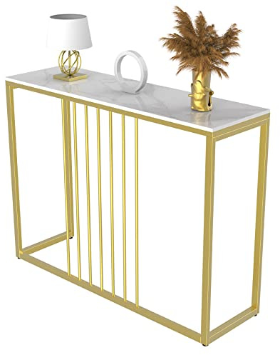 Entryway Console Table Hallway Decor : White Marble Top Consoles Desk Long 100cm High Gloss Sintered Stone Marble Table Top Gold Frame Slim Tall Modern Sofa Side Tables Entryway Furniture