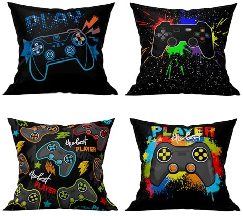 YULUOSHA Gamer Cushion Covers Set of 4, Soft Game Pad Throw Pillows Square Decorative Gaming Couch Cases Home Video Game Controller Decor (45 x 45 cm, B)