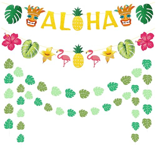 KAYEF decoracion hawaiana,4 piezas fiesta hawaiana decoracion- flamingo piña tiki tropical party supplies, gold glitter aloha sign flag for summer pools