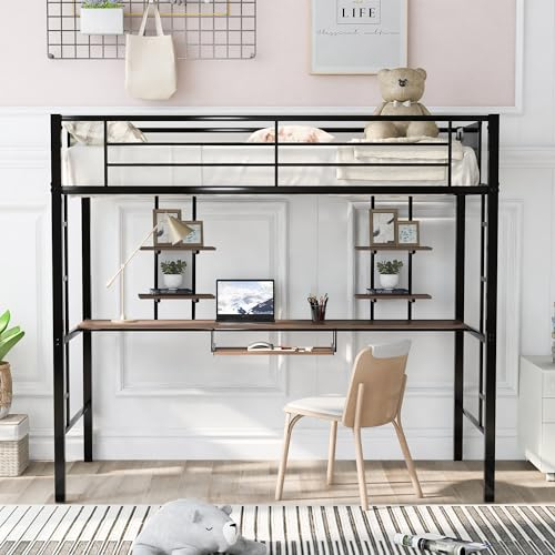 Cama Alta de Hierro de 90x200 cm con Escritorio y Dos estanterías, Cama de Metal para niños, Adolescentes y Adultos, Estructura de Cama Juvenil de Metal, Cama Infantil Negra
