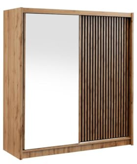 Vente-unique - Armoire 2 Portes coulissantes - avec Miroir - L203 cm - Coloris : Naturel et Noir - CALOWI