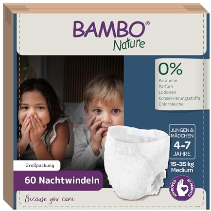 Bambo Nature Premium Dreamy Night Pants, Pull Up Pants, Eco-Labeled Night Time Diapers, Secure, Comfortable, Skin Friendly : Children Aged 4-7 Years, 60 Count